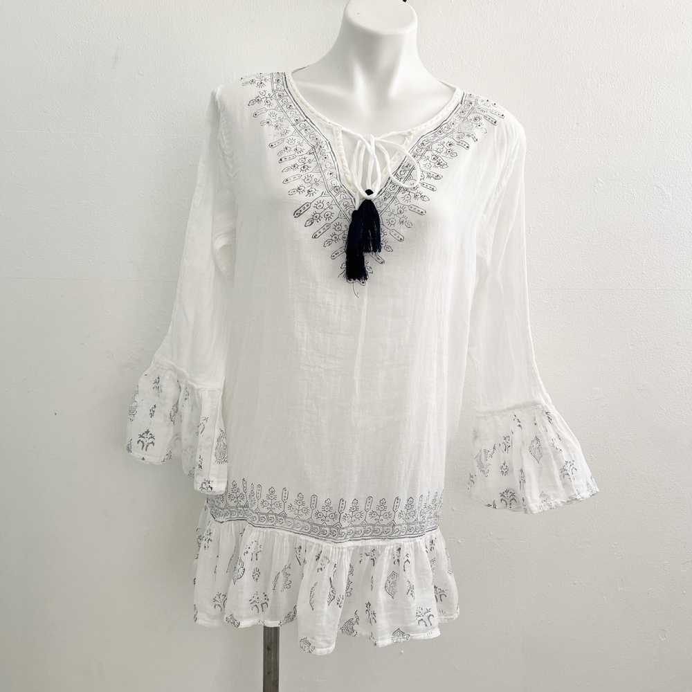 NEW Bohemian Kaftan swim cover up White Blue SMALL/MEDIUM bell sleeves - Picture 2 of 10